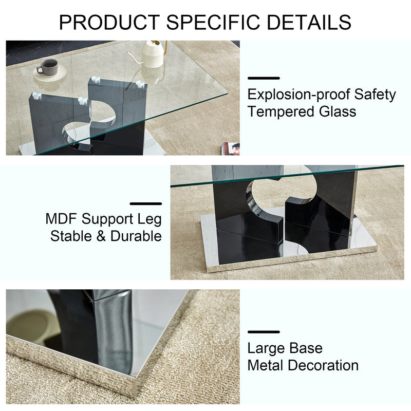 A rectangular modern and fashionable coffee table with tempered glass tabletop and black MDF legs. Suitable for living room.47.2"x25.5"x18"