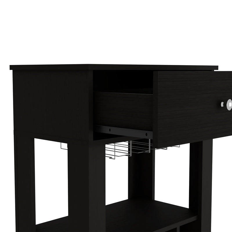 39" H black bar- coffee cart, Kitchen or living room cabinet storage, with 12 bottle racks, a central shelf with 1 Cup holders, 1 drawer ideal for storing small things