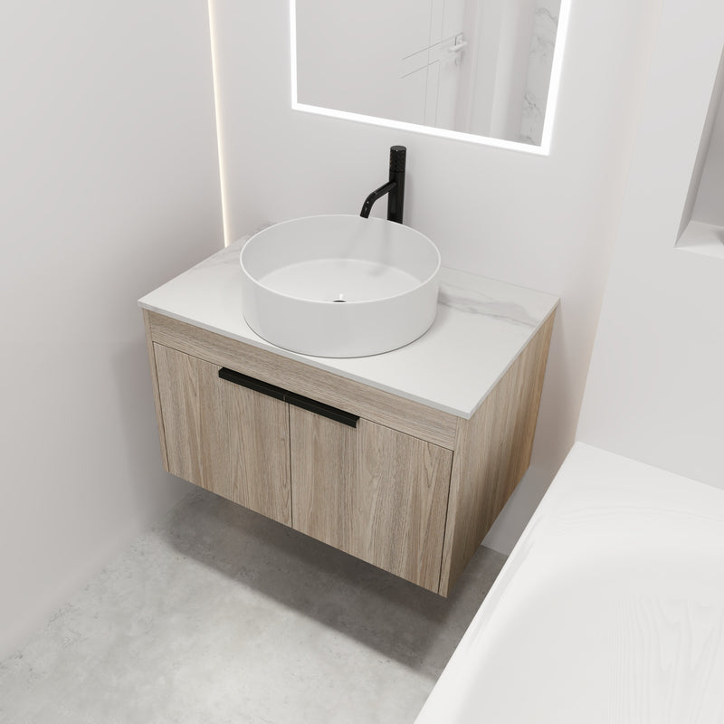30" Modern Design Float Bathroom Vanity With Ceramic Basin Set, Wall Mounted White Oak Vanity With Soft Close Door, KD-PackingD-Packing Pieces