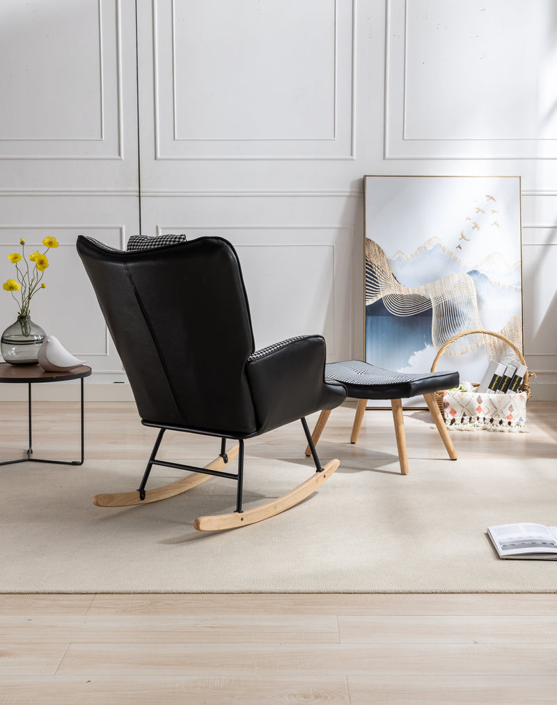 35.5 inch Rocking Chair with Footrest, Soft Houndstooth Fabric Leather Fabric Rocking Chair for Nursery, Comfy Wingback Glider Rocker with Safe Solid Wood Base for Living Room Bedroom Balcony (black)