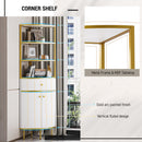 74.8" Tall Modern Corner Bookshelf,Fan-Shaped bookcase with 1 Drawer and 2 Doors, Wooden Standing Corner Shelf with Gold Metal Frame for Living Room,Home Office,White