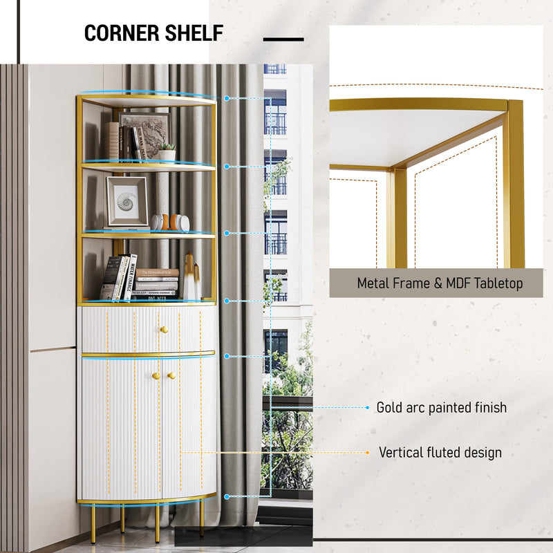 74.8" Tall Modern Corner Bookshelf,Fan-Shaped bookcase with 1 Drawer and 2 Doors, Wooden Standing Corner Shelf with Gold Metal Frame for Living Room,Home Office,White