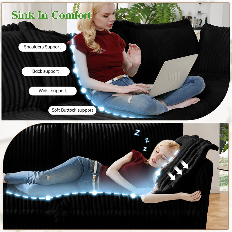 L-Shaped Slipcovered Sectional Sofa Couch, Comfy Deep Seat Cloud Couch with Convertible Ottoman & 2 Big Pillows, Modern Oversized 3 Seater Slipcovered Sofa Set for Living Room Office, Black Corduroy