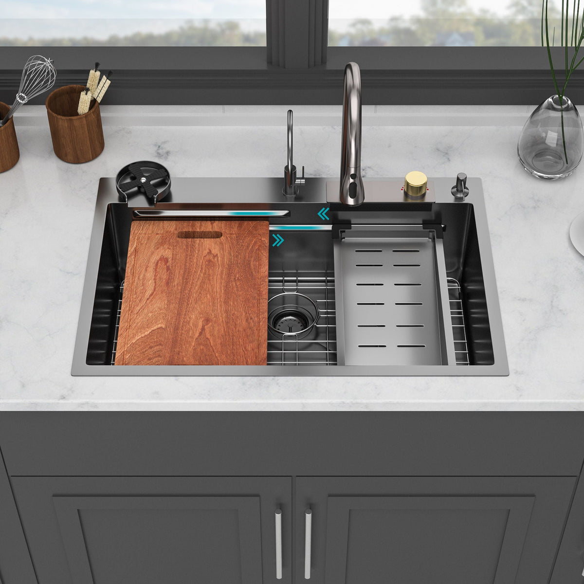 Waterfall Kitchen Sink With Pull Out Faucet & Cup Washer, photo 40 of 40