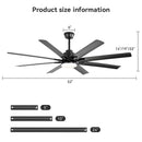 Smart Ceiling Fan With 8 Blades, Voice Remote Control, 6 Wind Speeds, Reversible DC Motor, 3 Color Lighting - Black