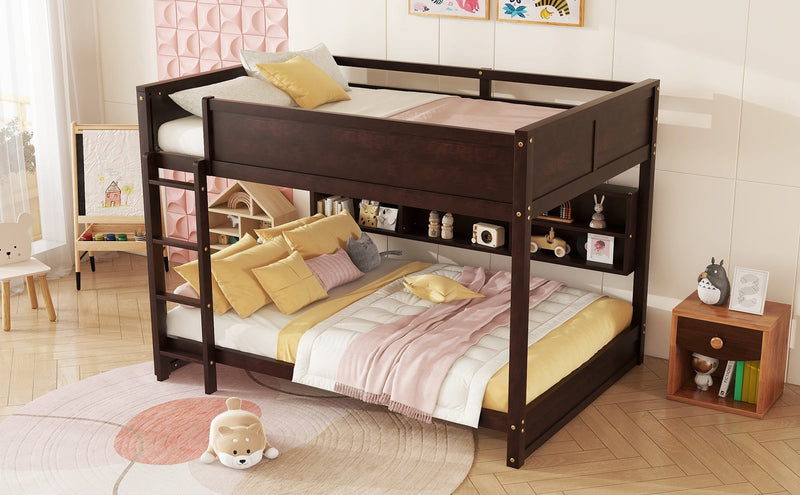 Queen Over Queen Bunk Bed with Built-in Storage Cabinets,Charging Station,Ladder,Safety Guardrails,Solid Pine Wood Bunk Bed,Brwon
