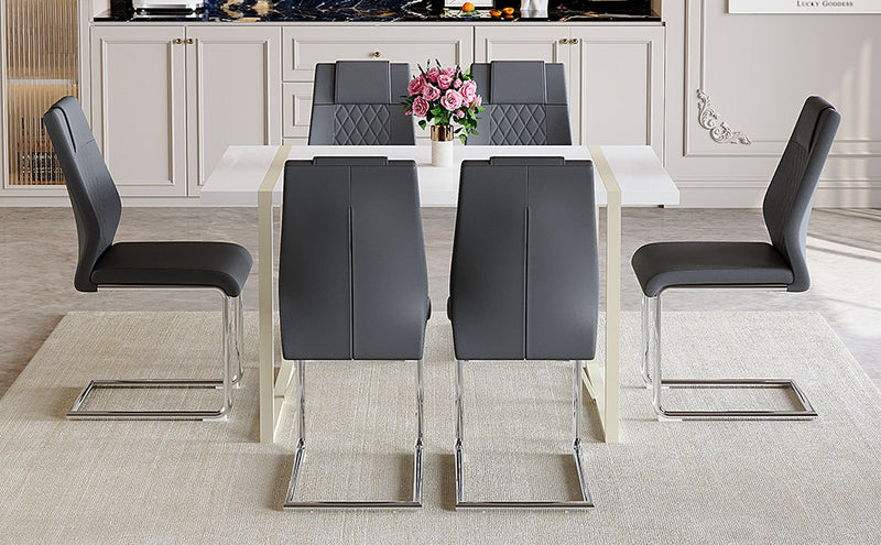 Table and chair set.55'x31.4' Cream-Style White MDF Dining Table Set with 6 Dark Gray Chairs With Silver Metal Legs.MDF Tabletop and metal frame legs.Adding a warm atmosphere to your family.