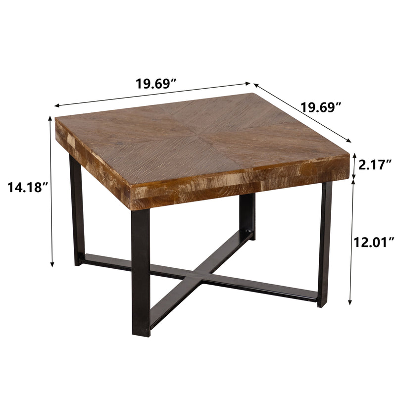 31.3"Modern Retro Splicing Square Coffee Table, Fir Wood Table Top with Cross Legs Metal Base (Set of 2 pcs)