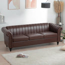 83.46" Brown PU Rolled Arm Chesterfield Three Seater Sofa.