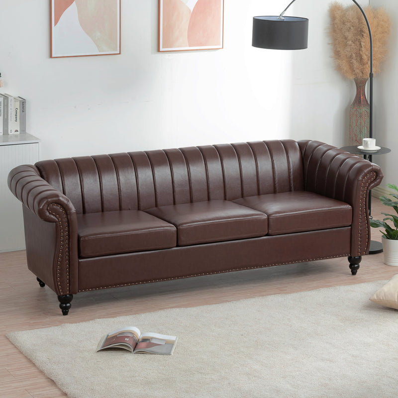 83.46" Brown PU Rolled Arm Chesterfield Three Seater Sofa.