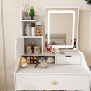 3 Color LED Vanity Mirror With Stool, Dressing Table For Bedroom, 2 Drawers & 5 Storage Cabinets (4 Open + 1 Hidden), Adjustable Lighting - White by HouseOfZazla