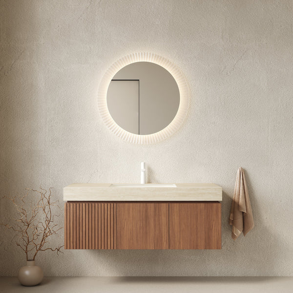 48-Inch Floating Bathroom Vanity with Sintered Stone Top & Ceramic Basin - Beige/White Oak or Beige/Brown Oak, photo 2 of 10