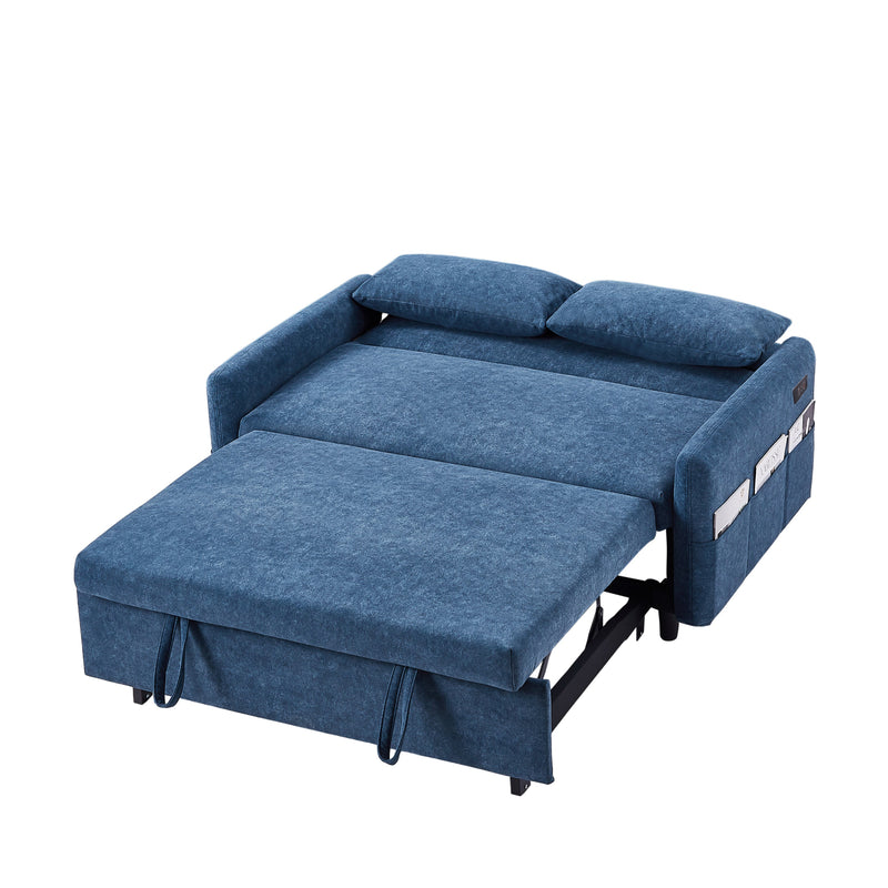 55.1" Pull Out Sleep Sofa Bed Loveseats Sofa Couch with Adjustable Backrest, Storage Pockets, 2 Soft Pillows, USB Ports for Living Room, Bedroom, Apartment, Office, Blue