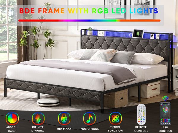 Walker Edison | Upholstered Storage Charging Station and LED Lights Bed