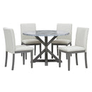5-Piece Farmhouse Style Dining Table Set, Marble Sticker and Cross Bracket Pedestal Dining Table, and 4 Upholstered Chairs (White+Gray)