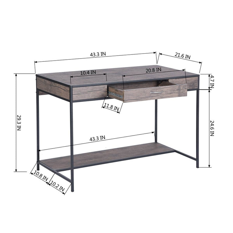 43.3" W x 21.6"D x 29.3" H Computer Desk with One Drawer, Walnut & Black