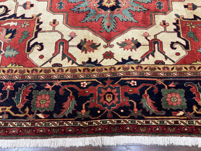 Persian Heriz Serapi Rug 8 x 10.6, Geometric Medallion, Great Colors, Rare, Red Navy Blue Ivory