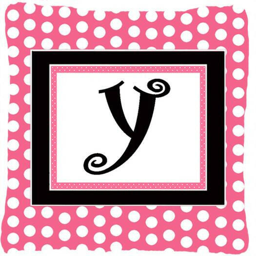 Letter Y Initial Monogram Pink Black Polka Dots Decorative Canvas Fabric Pillow