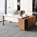 L-Shaped Executive Desk With Storage Cabinet, Home Office Workstation With Shelves - White / Walnut by HouseOfZazla