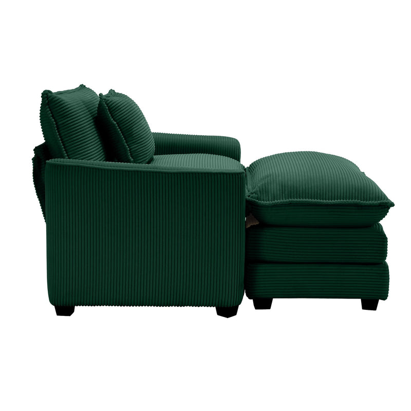 Classic Modern Comfortable Single Chair Deep Seat Sofa with Footstool, Green Corduroy Fabric, Living Room & Bedroom