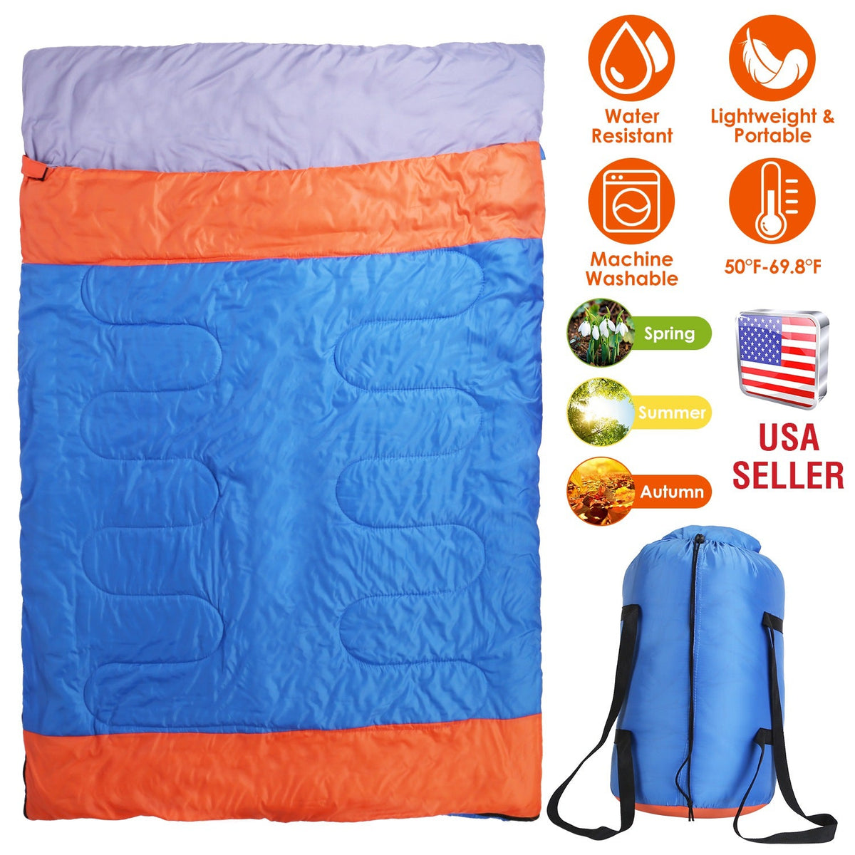 2 People Sleeping Bag for Adult Kids Lightweight Water Resistant Camping Cotton Liner Cold Warm Weather Indoor Outdoor Use 3 Season with Sack for Spri, photo 5 of 8
