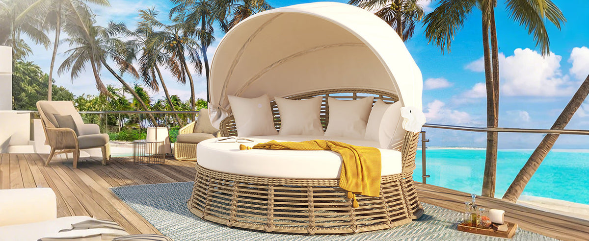 Outdoor Patio Rattan Round Daybed with Retractable Canopy, photo 9 of 10