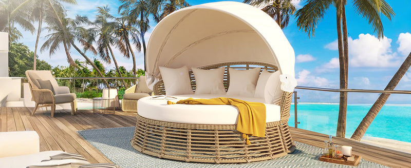 Outdoor Patio Rattan Round Daybed with Retractable Canopy, photo 9 of 10