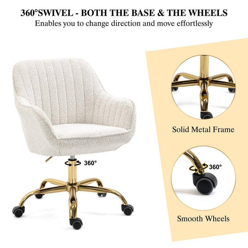 360 Beige Boucle Fabric Swivel Chair With High Back, Adjustable Working Chair With Golden Color Base