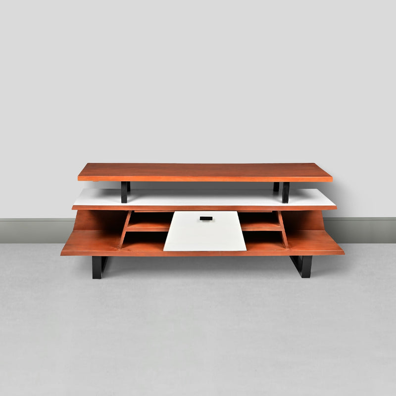 62 Inch Kate Acacia Wood TV Cabinet with Staggered 3 Tier Design and Sled Base, Brown and Black