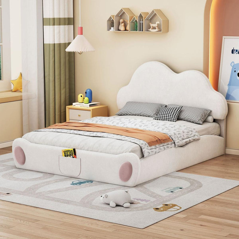 Queen size Cloud-shaped Headboard Upholstered Platform Bed with Rounded Footboard and Pocket, Beige
