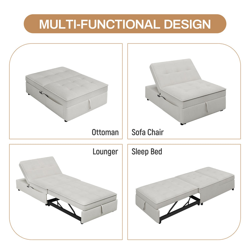 4-in-1 Sofa Bed, Chair Bed, Multi-Function Folding Ottoman Bed with Storage Pocket and USB Port for Small Room Apartment,Living Room,Bedroom,Hallway,White