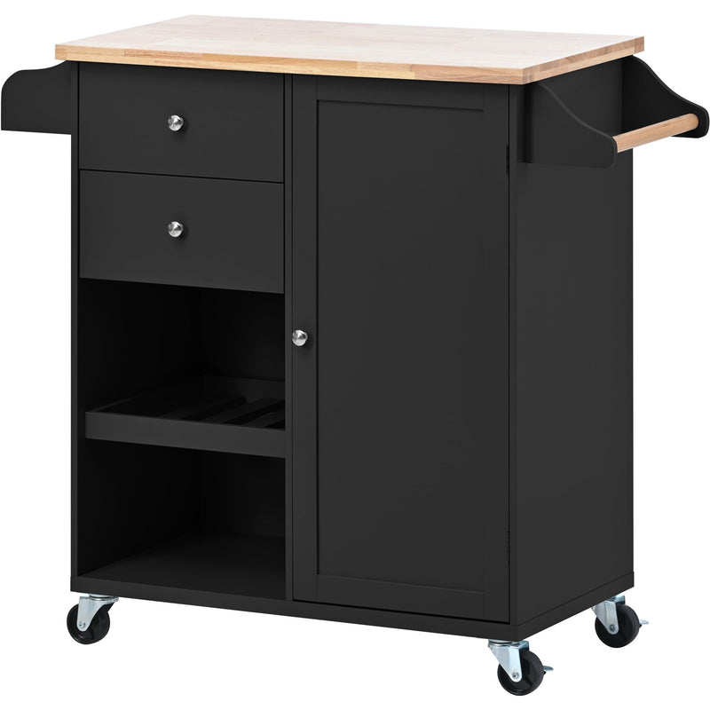 Kitchen Cart with Spice Rack, Towel Rack & Two Drawers, Rubber wood top, Kitchen Island with 4 Wheels for Dining Rooms Kitchens Living Rooms, Black