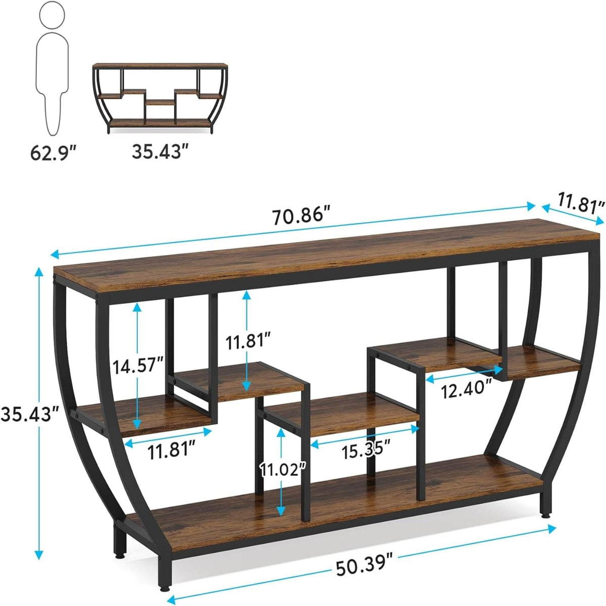 Extra Long Entryway Console Sofa Table With 7 Tier Shelves - Brown / Black, photo 10 of 10