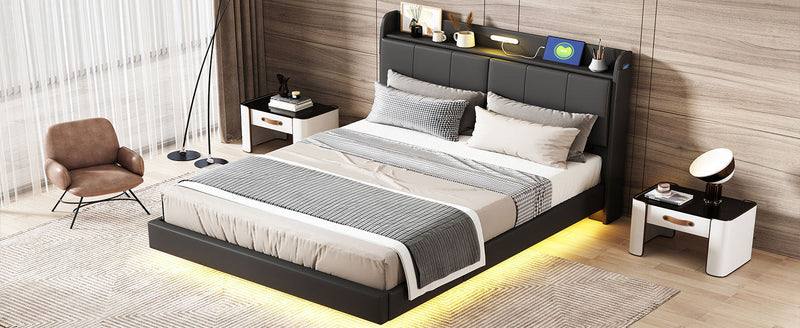 Walker Edison | Modern Upholstered Platform Queen Bed with Floating Bed Frame & Storage Headboard