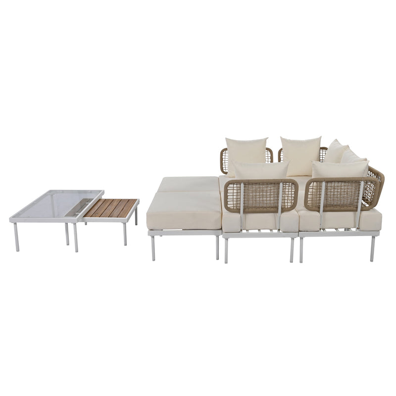 Walker Edison - 8-Piece Patio Sectional Sofa Set with Tempered Glass Coffee Table and Wooden Coffee Table for Outdoor Oasis, Garden, Patio and Poolside (Beige Cushion + White Steel)