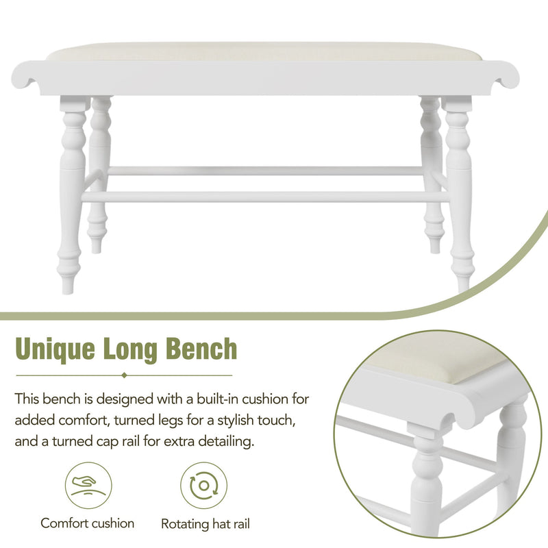 6-peice Dining Set with Turned Legs, Kitchen Table Set with Upholstered Dining Chairs and Bench,Retro Style, White
