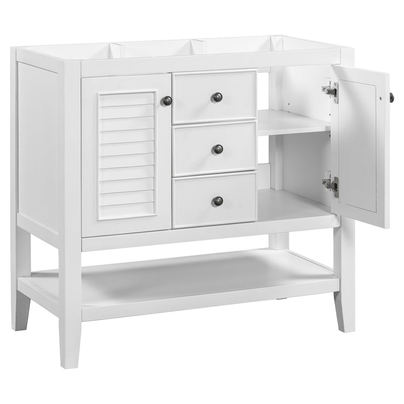 36" Bathroom Vanity without Sink, Cabinet Base Only, Two Cabinets and Drawers, Open Shelf, Solid Wood Frame, White