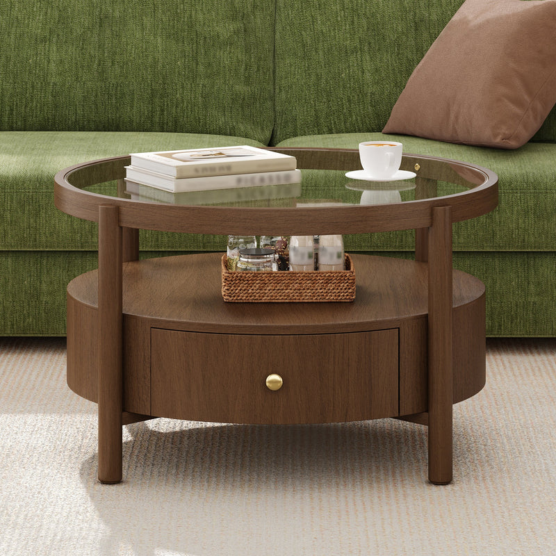 Solid Wood Round Glass Top Coffee Table with Storage Drawer, photo 3 of 10