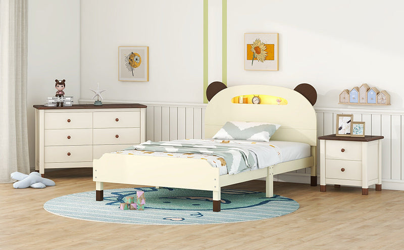 3-Pieces Bedroom Sets Twin Size Bear-Shape Platform Bed with Nightstand and Storage dresser,Cream+Walnut