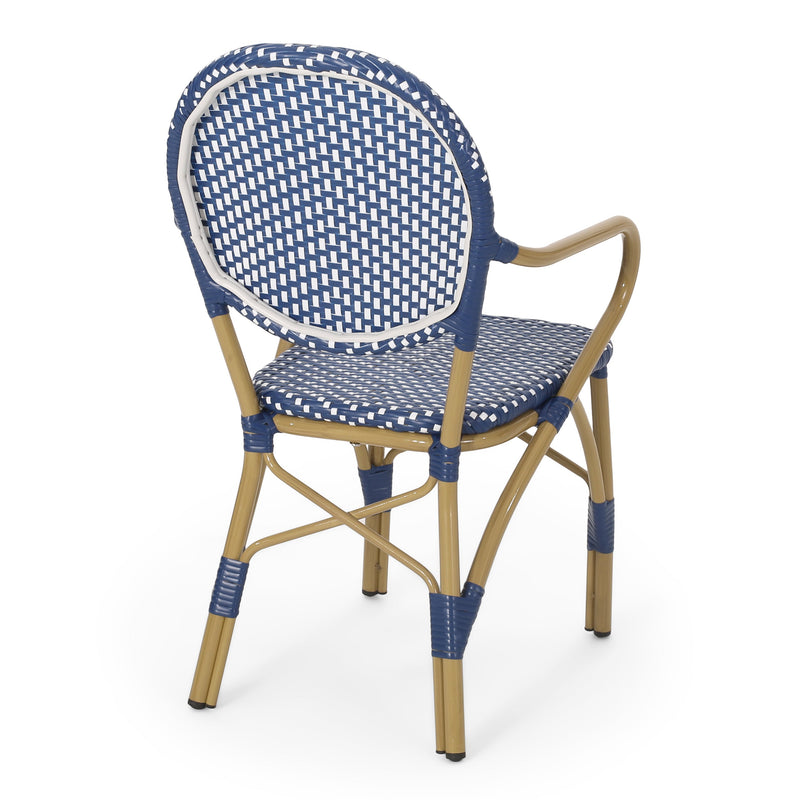 Walker Edison - Outdoor PE Rattan and Aluminum 3 Piece French Bistro Set, Dark Teal & White, and Bamboo Finish