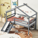 Low Loft House Bed With Slide, Ladder, Safety Guardrails, House Roof Frame by HouseOfZazla