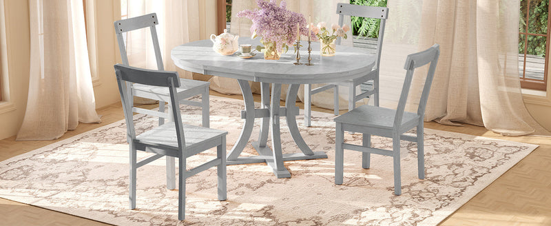 5-Piece Rustic Round Pedestal Extendable Dining Table Set with 15.7" Removable Leaf and Simple Dining Chirs for Small Places, Gray