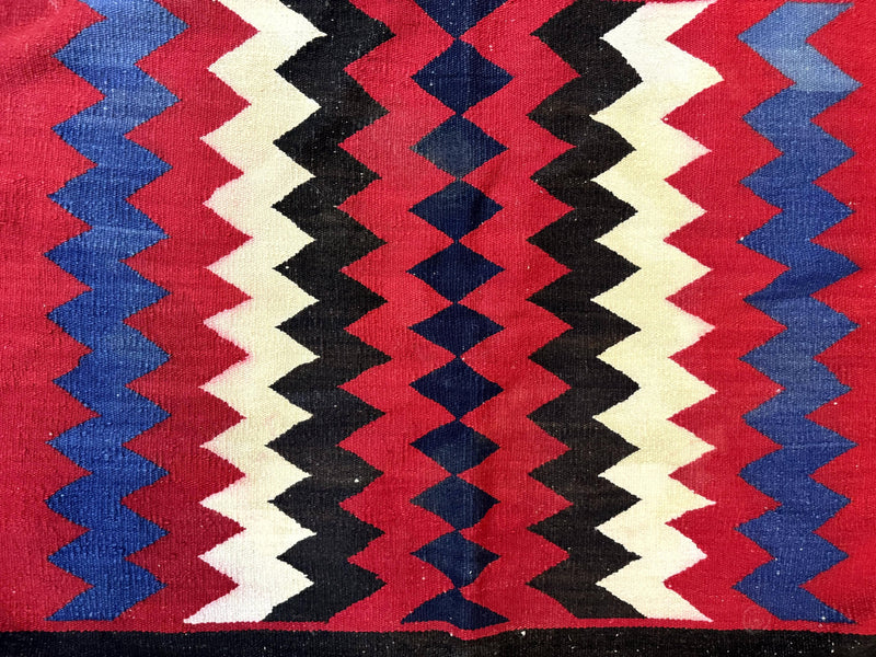 Antique Navajo Rug 3.7 x 2.8, Red Ivory Blue, Zig Zag Pattern, Handmade, Wool