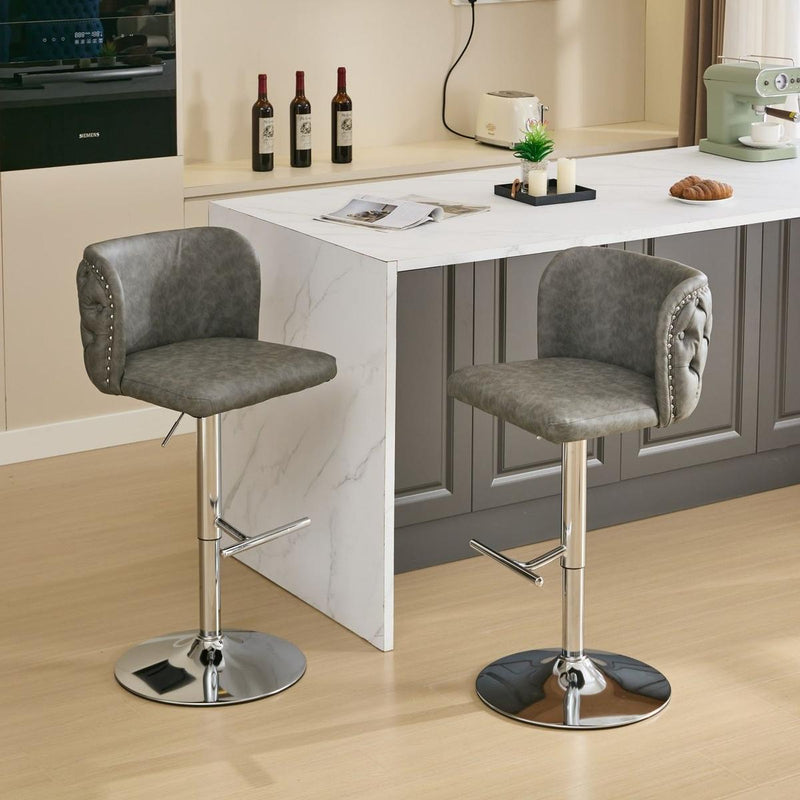 Swivel Barstools Adjusatble Seat Height With Chrome Base, Modern PU Upholstered Bar Stools with the whole Back Tufted, for Home Pub and Kitchen Island,Gray, Set of 2