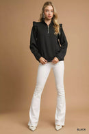 Umgee Cable Knit Textured Pullover with Ruffle Shoulders