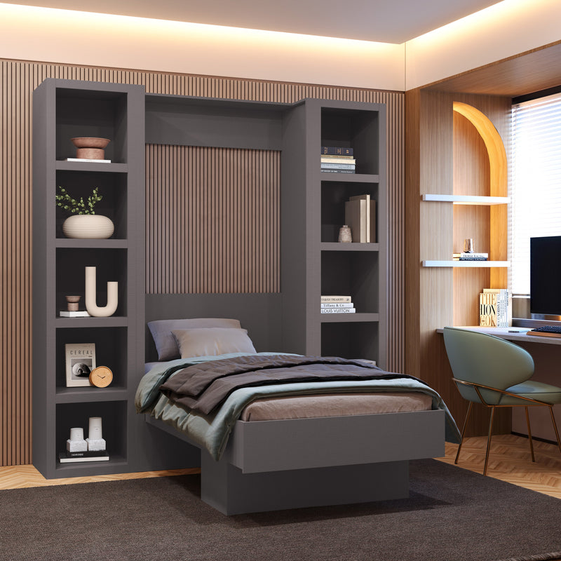 Easy-Lift Twin Murphy Wall Bed in Dark Grey with Two Bookshelves