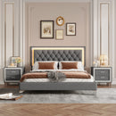 3-Pieces Bedroom Set, Queen Size Upholstered Platform Bed with LED Lights and Two Nightstands - Gray