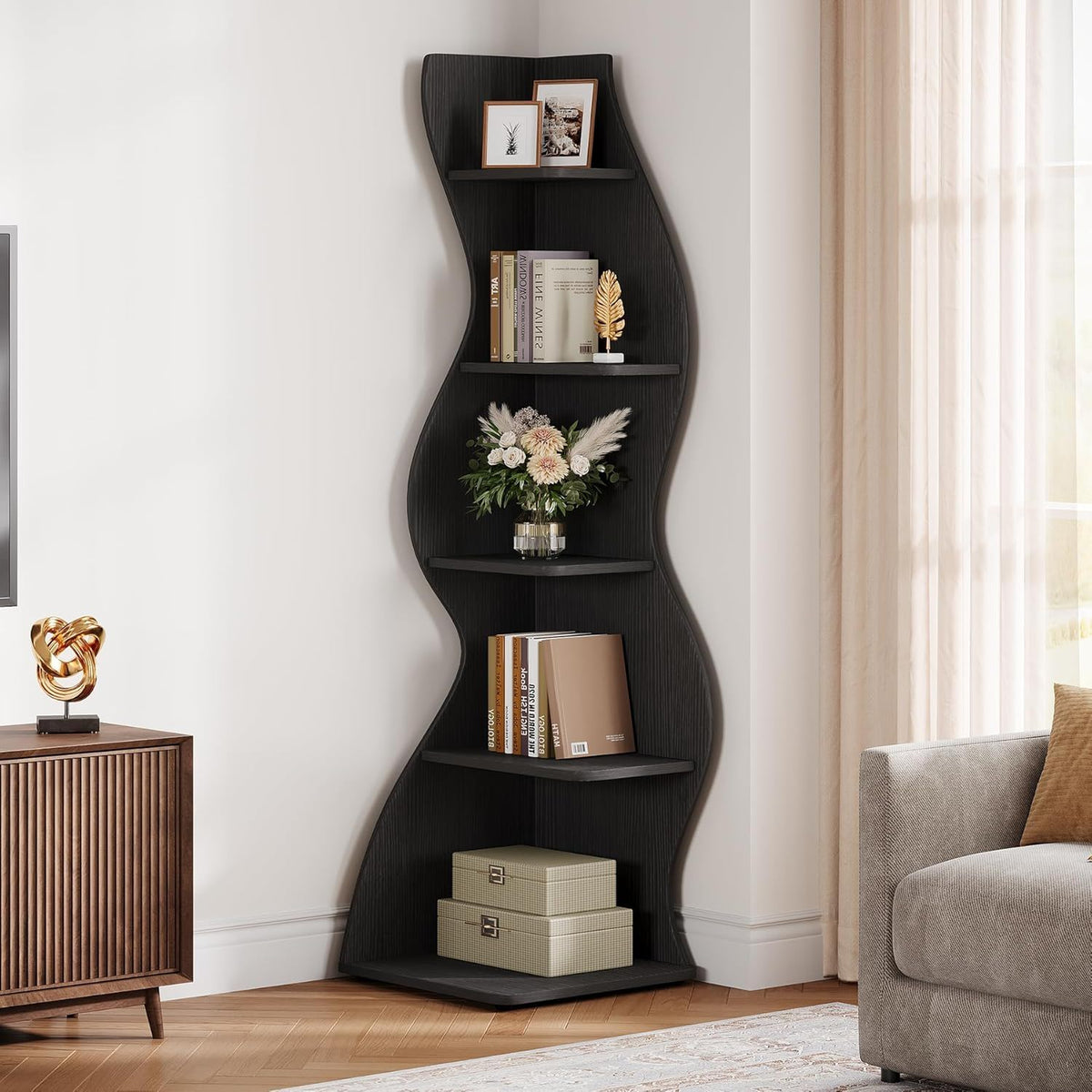 5 Tier Wavy Corner Bookshelf And Plant Stand For Living Room, photo 21 of 24