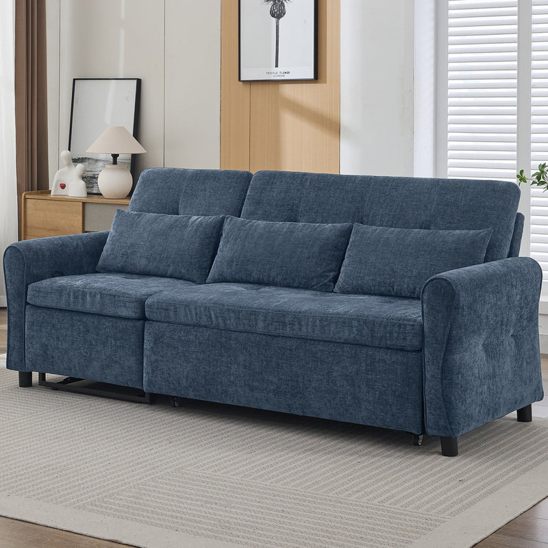 2-in-1 Sofa 82' Three-seater Sofa with Sofa Bed and Reversible Recliner, Blue Chenille