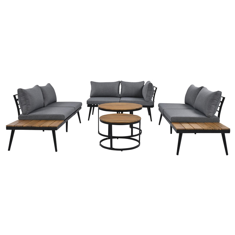 6-Piece Outdoor Sectional Sofa Set with Round Nesting Coffee Tables and Seating Sofa with Cushions for Patio, Porch and Garden (Grey)